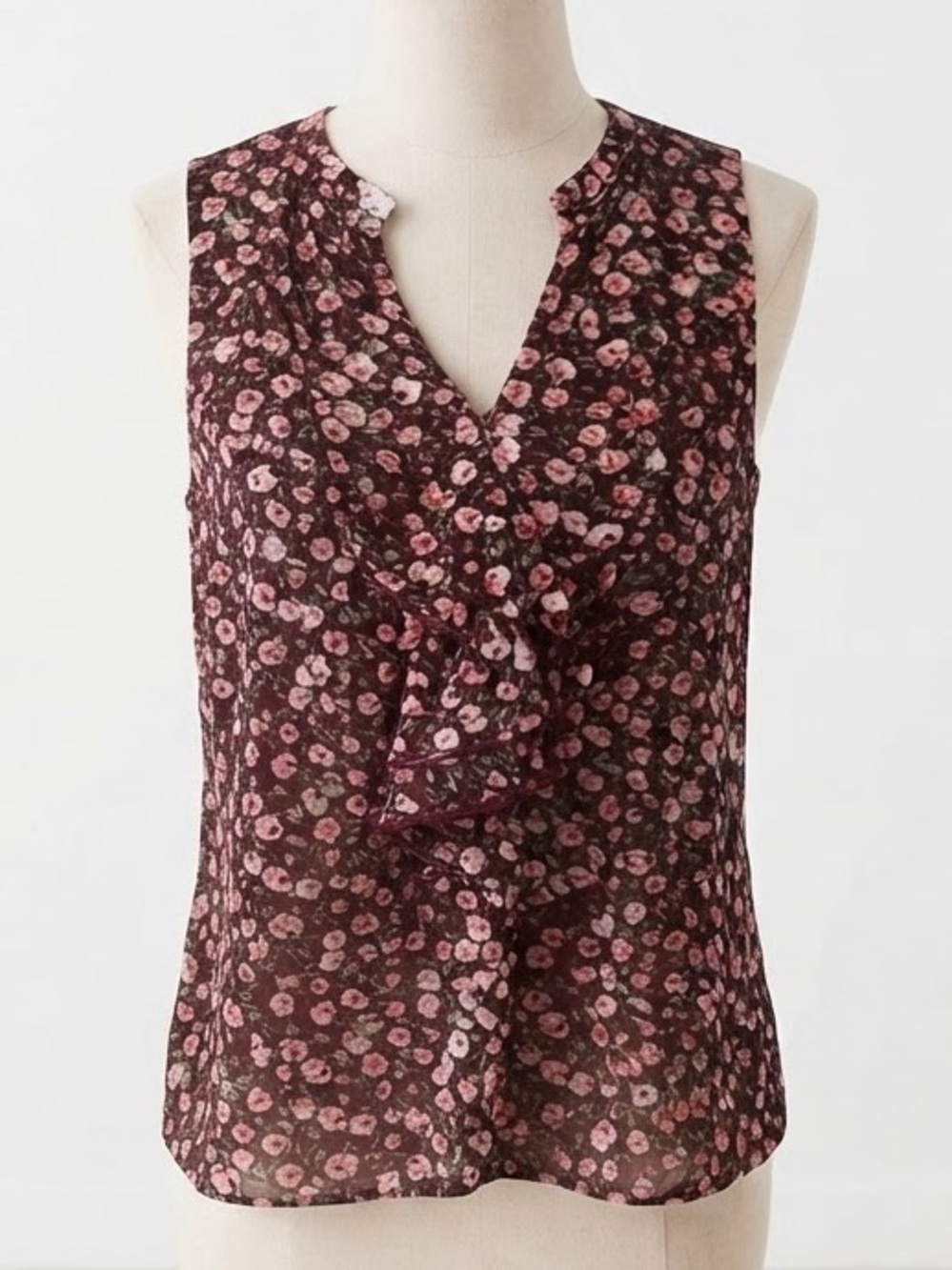 Dynamite| Burgundy & Rose Sleeveless Floral Ruffle V-Neck Sleeveless Blouse Sz S